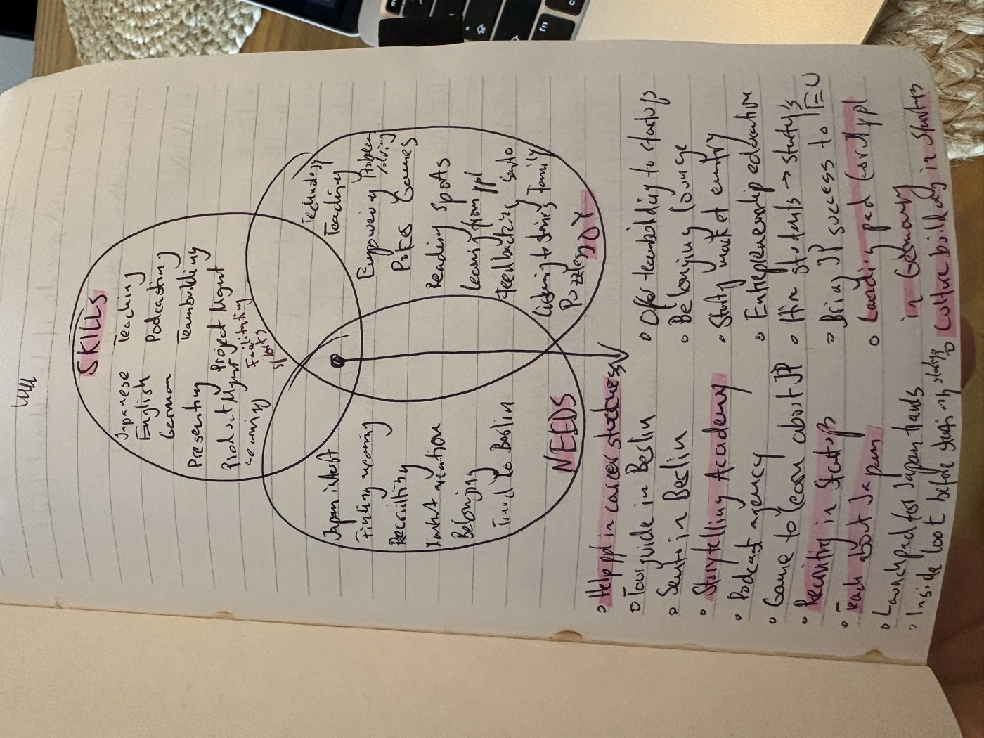 A handwritten notebook page with three overlapping circles labelled Skills, Needs and Joy, and a list of about twenty ideas underneath.
