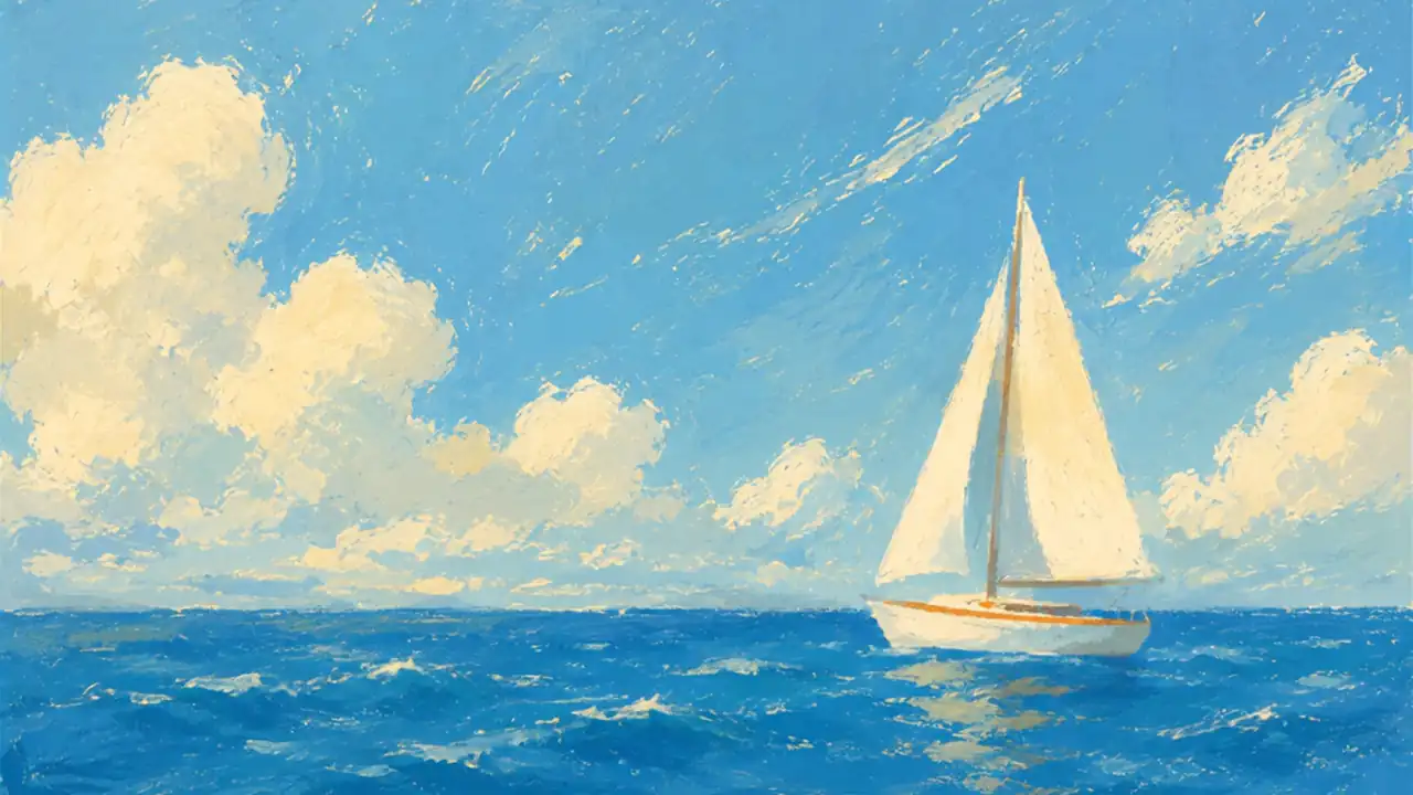 An oil painting of a sailboat on open water.