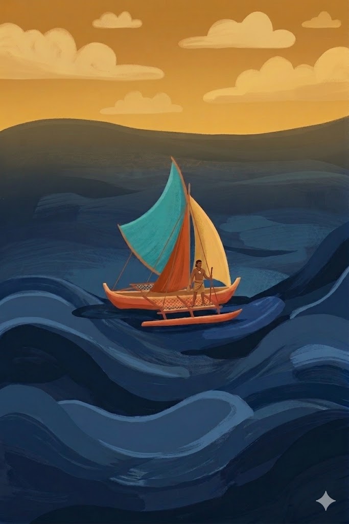 A Polynesian navigator on an outrigger canoe crossing open ocean